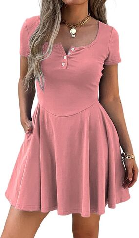 نساء صيف مربع الرقبة فساتين صغيرة زر أسفل إسقاط الخصر تي شيرت فستان قصير الأرجوحة sundress مع جيوب in Kuwait