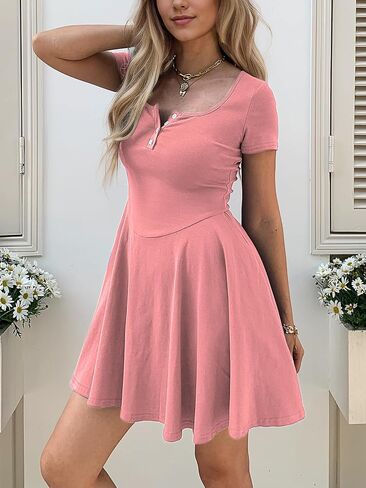 نساء صيف مربع الرقبة فساتين صغيرة زر أسفل إسقاط الخصر تي شيرت فستان قصير الأرجوحة sundress مع جيوب in Kuwait