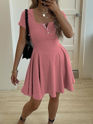نساء صيف مربع الرقبة فساتين صغيرة زر أسفل إسقاط الخصر تي شيرت فستان قصير الأرجوحة sundress مع جيوب in Kuwait