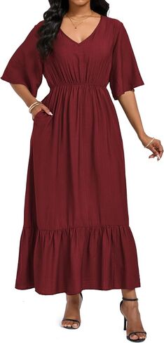 Women's Summer Short Sleeve Maxi Floral Flowy Dresses with Pockets in Kuwait