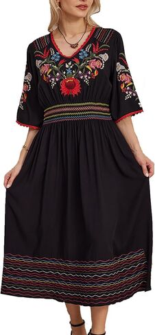 هغوستار فستان مطرز المكسيكي للنساء بوهو التقليدية فييستا الصيفية الفلاحين البوهيميين الأزهار الزهرية ميدي فساتين كوكتيل in Kuwait