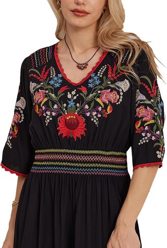 هغوستار فستان مطرز المكسيكي للنساء بوهو التقليدية فييستا الصيفية الفلاحين البوهيميين الأزهار الزهرية ميدي فساتين كوكتيل in Kuwait