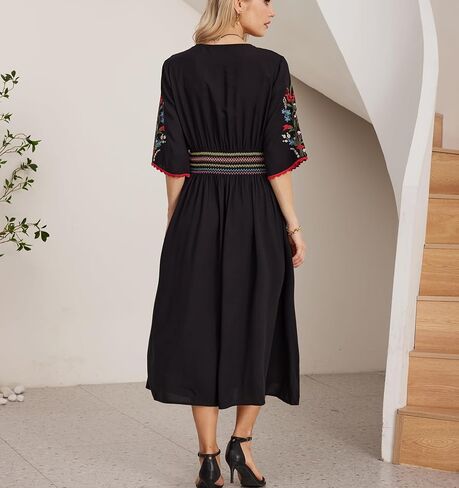 هغوستار فستان مطرز المكسيكي للنساء بوهو التقليدية فييستا الصيفية الفلاحين البوهيميين الأزهار الزهرية ميدي فساتين كوكتيل in Kuwait