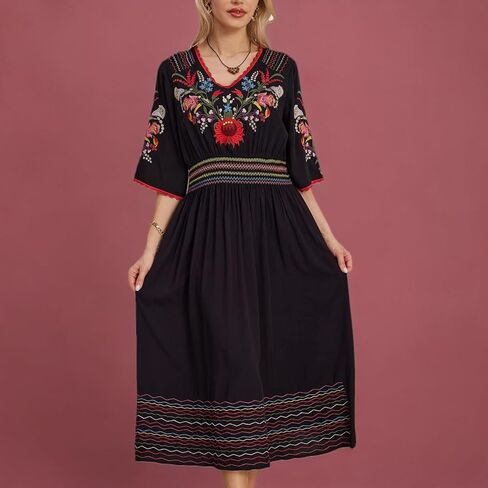 هغوستار فستان مطرز المكسيكي للنساء بوهو التقليدية فييستا الصيفية الفلاحين البوهيميين الأزهار الزهرية ميدي فساتين كوكتيل in Kuwait