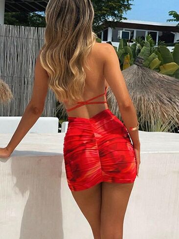 Floerns Women's Tie Dye Floral Halter Dress Boho Casual Ruched Backless Beach Dress in Saudi Arabia