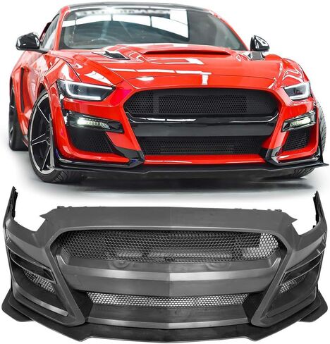 غلاف المصد الأمامي Ikon Motorsports متوافق مع 2015-2017 Ford Mustang ، GT500 Pumper Conversion Bumper مع Grille & Fog Light Cover & Lip Splitters PP ، 2016 in Saudi Arabia