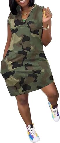 Camouflage Dress for Women Casual Sleeveless V Neck Sundress Cargo Mini Dresses with Pockets in Saudi Arabia