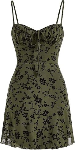 Verdusa Women's Floral Print Short Cami Dress Tie Front Lettuce Trim Mesh Sleeveless A Line Dresses in Kuwait