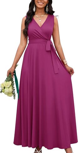 Fandee Women Summer Summal Maxi Maxi Flysivess Empire Weist v Neck A-Line Flowy Perted Breted Victual Vacation Cocktail Dress in Kuwait