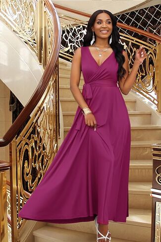 Fandee Women Summer Summal Maxi Maxi Flysivess Empire Weist v Neck A-Line Flowy Perted Breted Victual Vacation Cocktail Dress in Kuwait