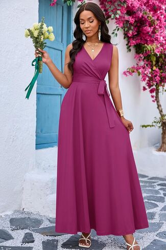 Fandee Women Summer Summal Maxi Maxi Flysivess Empire Weist v Neck A-Line Flowy Perted Breted Victual Vacation Cocktail Dress in Kuwait