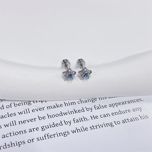 20g Hollow Blue CZ Flower Screw Flat Back Small Stud Earrings for Women Stainless Steel Cute Floral Cherry Cubic Zirconia Crystal Cartilage Tragus Piercing Little Studs Hypoallergenic Fashion Jewelry for Daughter Xmas in Saudi Arabia