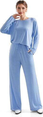 RXRXCOCO Women's 2 Piece Lounge Sets Crewneck Long Sleeve Tops Wide Leg Pants with Pockets Casual Outfits Matching Set in Kuwait