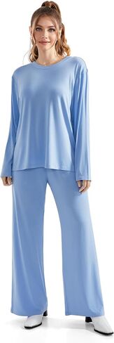 RXRXCOCO Women's 2 Piece Lounge Sets Crewneck Long Sleeve Tops Wide Leg Pants with Pockets Casual Outfits Matching Set in Kuwait