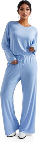 RXRXCOCO Women's 2 Piece Lounge Sets Crewneck Long Sleeve Tops Wide Leg Pants with Pockets Casual Outfits Matching Set in Kuwait