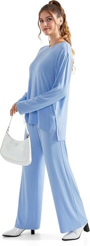 RXRXCOCO Women's 2 Piece Lounge Sets Crewneck Long Sleeve Tops Wide Leg Pants with Pockets Casual Outfits Matching Set in Kuwait