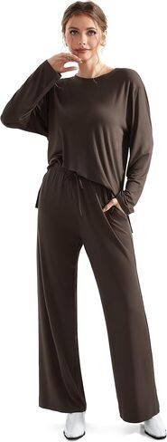 RXRXCOCO Women's 2 Piece Lounge Sets Crewneck Long Sleeve Tops Wide Leg Pants with Pockets Casual Outfits Matching Set in Kuwait