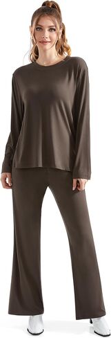 RXRXCOCO Women's 2 Piece Lounge Sets Crewneck Long Sleeve Tops Wide Leg Pants with Pockets Casual Outfits Matching Set in Kuwait