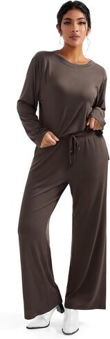 RXRXCOCO Women's 2 Piece Lounge Sets Crewneck Long Sleeve Tops Wide Leg Pants with Pockets Casual Outfits Matching Set in Kuwait