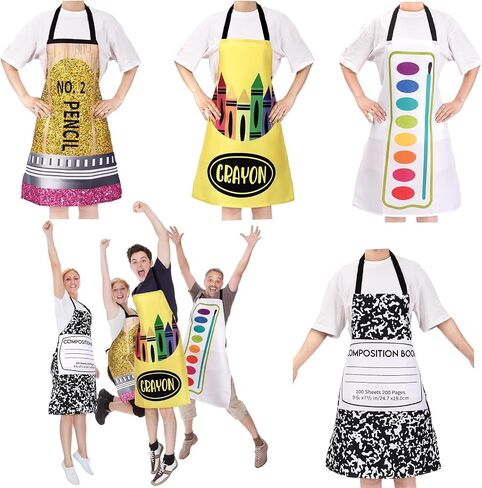 4 Pcs Halloween Teacher Stationery Apron Costumes Teacher Artist Apron Crayon Marker Pencil Book Halloween Adult Group Costume Bundle for Women Men Fancy Back to School Supply Dress Outfit in Saudi Arabia