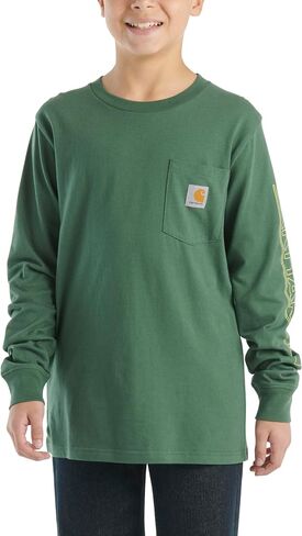 تي شيرت Carhartt للأولاد بأكمام طويلة وفتحة رقبة مستديرة مع جيب، لون موستانج بني in Saudi Arabia