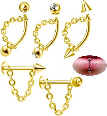 5 Pcs Vertical Labret Lip Piercing Jewelry 316L Stainless Steel 16G Tragus Helix Rook Piercing Jewelry with Chain Cartilage Earrings for Women Men in Kuwait