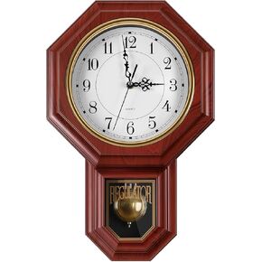 Pendulum Wall Clock Battery Operated, Imitation Wood Plastic Regulator Clock with Pendulum,Vintage Decorative Wall Clocks for Living Room,Farmhouse,Office,Bedroom,Kitchen,Wall Decor in Kuwait