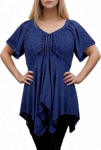 Agan Traders Boho بلوزة مطرزة برقبة ماسية غير متماثلة للنساء - بلوزة نسائية بأكمام قصيرة وخصر إمبراطوري in Kuwait