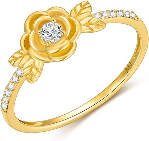 SISGEM 14K Real Gold Rose Flower Ring for Women,Yellow Gold Natural Diamond Engagement Ring/Wedding Band/Wedding Anniversary Birthday Gifts for Her in Saudi Arabia
