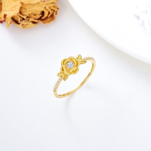 SISGEM 14K Real Gold Rose Flower Ring for Women,Yellow Gold Natural Diamond Engagement Ring/Wedding Band/Wedding Anniversary Birthday Gifts for Her in Saudi Arabia