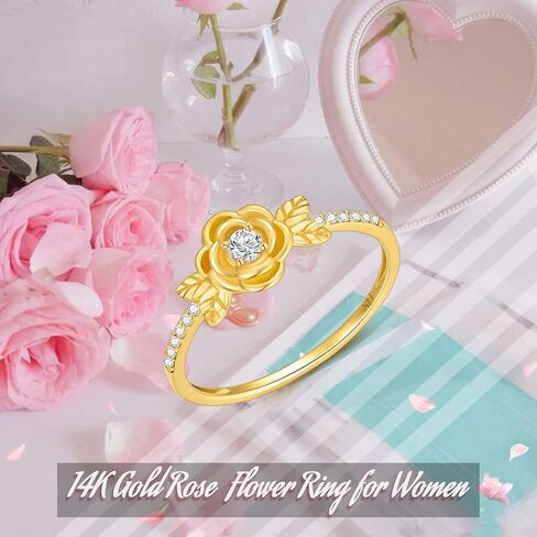 SISGEM 14K Real Gold Rose Flower Ring for Women,Yellow Gold Natural Diamond Engagement Ring/Wedding Band/Wedding Anniversary Birthday Gifts for Her in Saudi Arabia