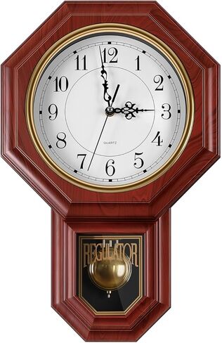 Pendulum Wall Clock Battery Operated, Imitation Wood Plastic Regulator Clock with Pendulum,Vintage Decorative Wall Clocks for Living Room,Farmhouse,Office,Bedroom,Kitchen,Wall Decor in Kuwait