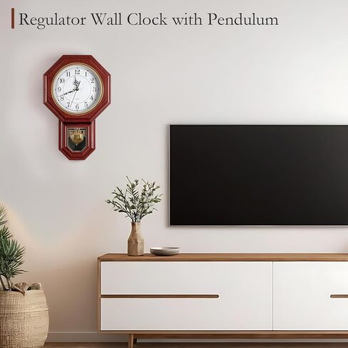 Pendulum Wall Clock Battery Operated, Imitation Wood Plastic Regulator Clock with Pendulum,Vintage Decorative Wall Clocks for Living Room,Farmhouse,Office,Bedroom,Kitchen,Wall Decor in Kuwait