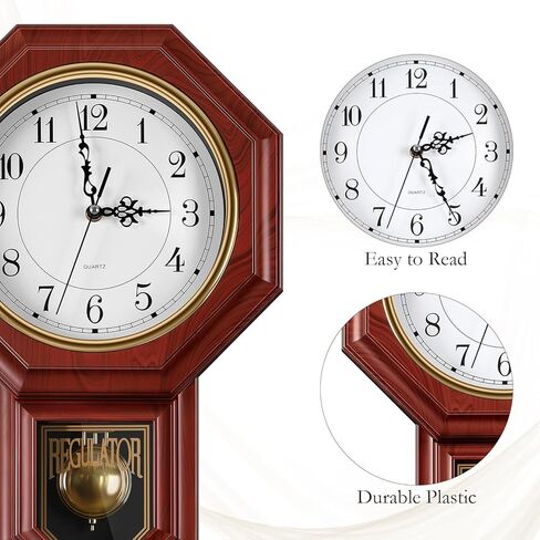 Pendulum Wall Clock Battery Operated, Imitation Wood Plastic Regulator Clock with Pendulum,Vintage Decorative Wall Clocks for Living Room,Farmhouse,Office,Bedroom,Kitchen,Wall Decor in Kuwait