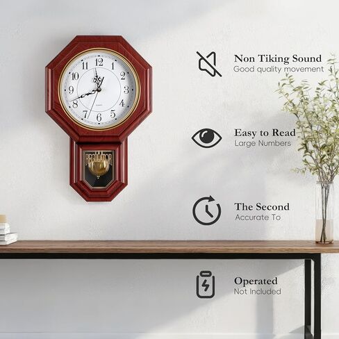 Pendulum Wall Clock Battery Operated, Imitation Wood Plastic Regulator Clock with Pendulum,Vintage Decorative Wall Clocks for Living Room,Farmhouse,Office,Bedroom,Kitchen,Wall Decor in Kuwait