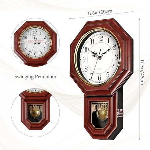 Pendulum Wall Clock Battery Operated, Imitation Wood Plastic Regulator Clock with Pendulum,Vintage Decorative Wall Clocks for Living Room,Farmhouse,Office,Bedroom,Kitchen,Wall Decor in Kuwait