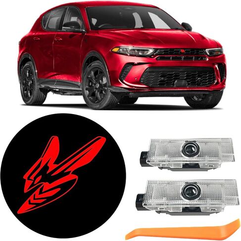 2PCS DOOR LIGHT LOGO متوافق مع Dodge Challenger Hornet ، LED GHOST Shadow Welcome Puddle Provision Light Lamps Accessories (Red Logo) in Kuwait