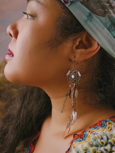 MINACHI Bohemian Bronze Water Drop Earrings, Stone Metal Leaf Pendant Long Tassel, Boho Chic Jewelry For Women in Kuwait