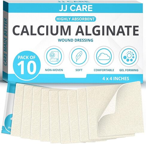 JJ Care Alginate alginate ontrant 4x4 (حزمة من 10) ، خلع الملابس الجينات الكالسيوم المعقمة ، اللاتكس المعبأة بشكل فردي بدرجة كبيرة من الجرح الطبية. in Saudi Arabia