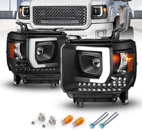 AmeriLite for 2014-2016 GMC Sierra 1500 2500HD 3500HD [Halogen Type] LED Bar Projector Black Headlights Assembly Pair - Driver and Passenger Side in Saudi Arabia