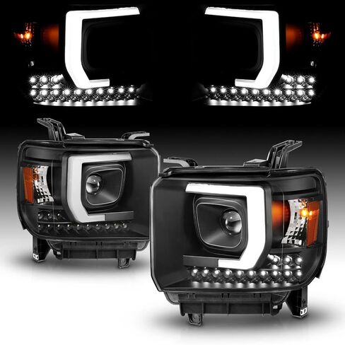 AmeriLite for 2014-2016 GMC Sierra 1500 2500HD 3500HD [Halogen Type] LED Bar Projector Black Headlights Assembly Pair - Driver and Passenger Side in Saudi Arabia