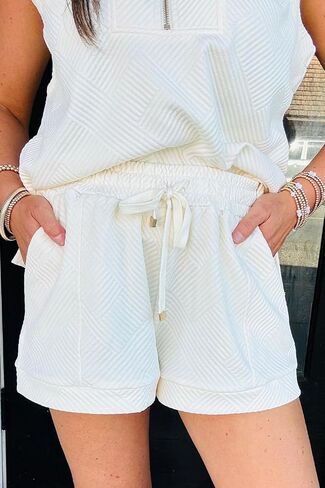 KevaMolly Women's 2 Piece Lounge Sets Turn-down Collar Casual Textured Half Zip Tank Top Drawstring Shorts Set in Saudi Arabia
