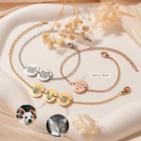 Anavia Personalized 1/2/3 Disc Pet Portrait Bracelet, Handmade Pet Memorial Photo Engraved Jewelry Gift, Glossy Stainless Steel Multiple Round Disc Chain Bracelet for Dog Cat Small Animal Lovers in Kuwait