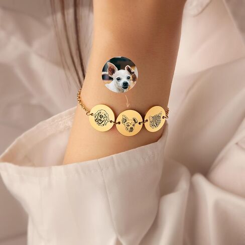 Anavia Personalized 1/2/3 Disc Pet Portrait Bracelet, Handmade Pet Memorial Photo Engraved Jewelry Gift, Glossy Stainless Steel Multiple Round Disc Chain Bracelet for Dog Cat Small Animal Lovers in Kuwait