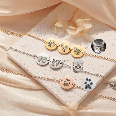 Anavia Personalized 1/2/3 Disc Pet Portrait Bracelet, Handmade Pet Memorial Photo Engraved Jewelry Gift, Glossy Stainless Steel Multiple Round Disc Chain Bracelet for Dog Cat Small Animal Lovers in Kuwait