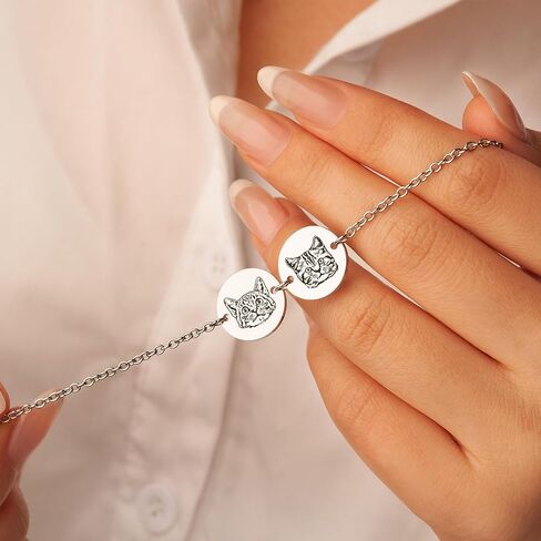 Anavia Personalized 1/2/3 Disc Pet Portrait Bracelet, Handmade Pet Memorial Photo Engraved Jewelry Gift, Glossy Stainless Steel Multiple Round Disc Chain Bracelet for Dog Cat Small Animal Lovers in Kuwait