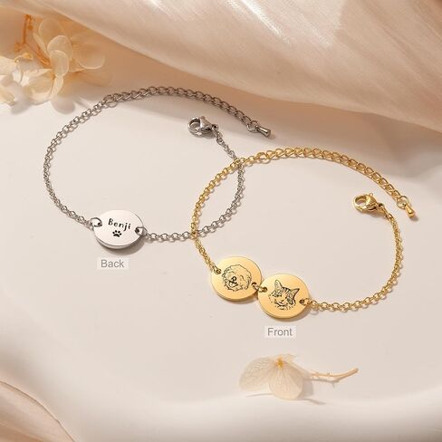 Anavia Personalized 1/2/3 Disc Pet Portrait Bracelet, Handmade Pet Memorial Photo Engraved Jewelry Gift, Glossy Stainless Steel Multiple Round Disc Chain Bracelet for Dog Cat Small Animal Lovers in Kuwait