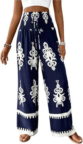 WDIRARA Women's Boho Floral Print Wide Leg Pants Smocked Drawstring High Waisted Trousers in Saudi Arabia