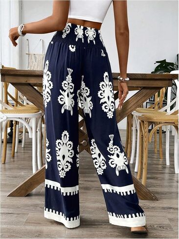 WDIRARA Women's Boho Floral Print Wide Leg Pants Smocked Drawstring High Waisted Trousers in Saudi Arabia