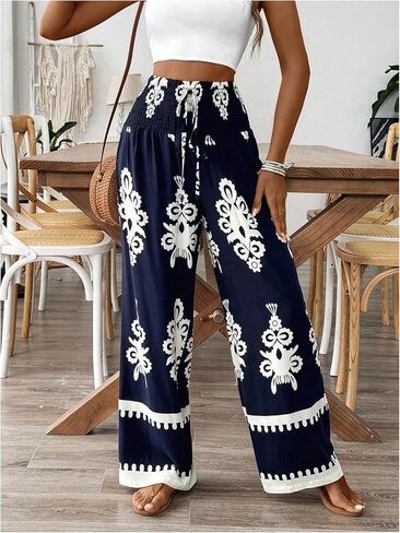 WDIRARA Women's Boho Floral Print Wide Leg Pants Smocked Drawstring High Waisted Trousers in Saudi Arabia